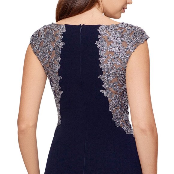 XSCAPE Womens Metallic Floral Lace Side Slit Cap Sleeve Gown Dress Size 4 Navy - Picture 6 of 9